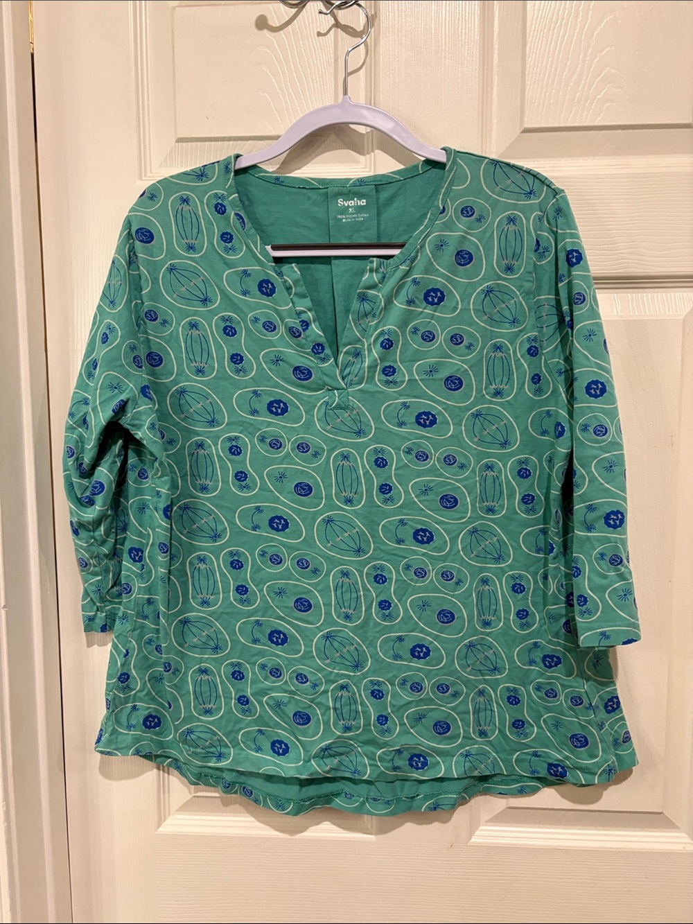 Svaha Organic CottonTeal V-Neck Tunic with Blue Motif